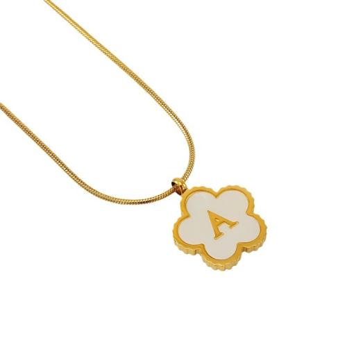 304 Stainless Steel Necklace with Titanium Steel & Resin Shell Flower 18K gold plated snake chain & with letter pattern & for woman Length Approx 17.7 Inch Sold By PC