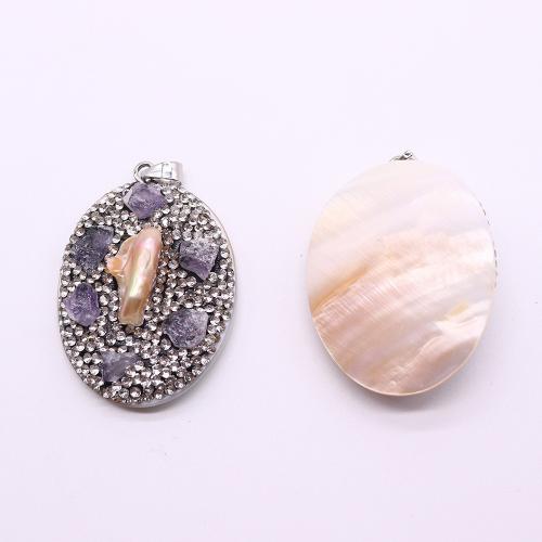 Shell Pendants with pearl & Amethyst & Brass Oval silver color plated DIY & with rhinestone Sold By PC