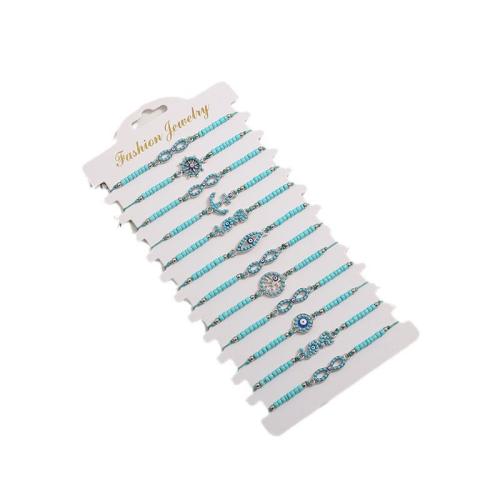 Zinc Alloy Bracelet Seedbead with Knot Cord & Zinc Alloy handmade 12 pieces & Adjustable & for woman blue Length Approx 16-28 cm Sold By Set