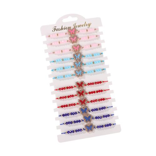 Zinklegering armbandkettingen, Knoopkoord, met Kristal & Zinc Alloy, Vlinder, handgemaakt, 12 stuks & Verstelbare & voor vrouw & met strass, gemengde kleuren, Lengte Ca 16-28 cm, Verkocht door Stel