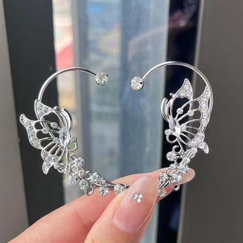 Pendientes Ear Cuff, aleación de zinc, chapado en color de plata, Joyería & con diamantes de imitación, plateado, libre de níquel, plomo & cadmio, 32x60mm, Vendido por UD