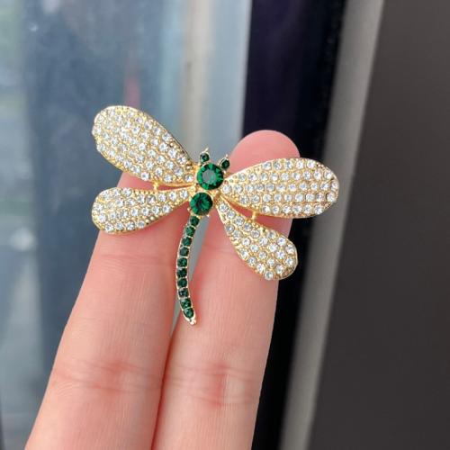 Zinc Alloy Brocher, Dragonfly, forgyldt, mode smykker & med rhinestone, grøn, nikkel, bly & cadmium fri, 45x40mm, Solgt af PC