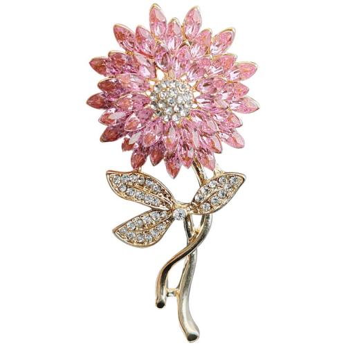 Zinc Alloy Brocher, Flower, forgyldt, mode smykker & med rhinestone, lyserød, nikkel, bly & cadmium fri, 30x60mm, Solgt af PC