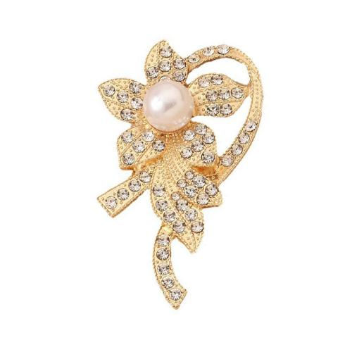 Zinc Alloy Brooches with Plastic Pearl Flower plated for woman & with rhinestone gold Sold By PC