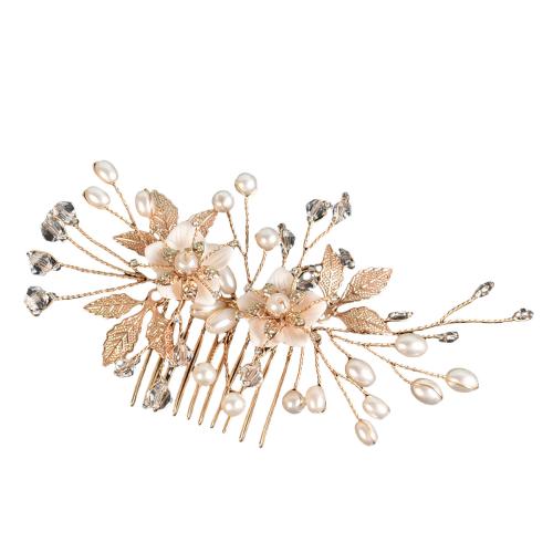 Zinc Alloy Decoratieve Haar Kam, met Hars & Plastic Pearl, handgemaakt, voor vrouw & met strass, goud, Verkocht door PC