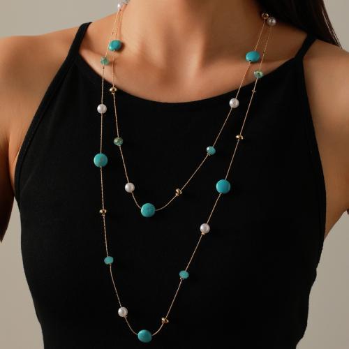 Sinc Alloy Geansaí Necklace, le turquoise & Gemstone & Pearl Plaisteacha, plátáilte, do bhean, dathanna níos mó le haghaidh rogha, Fad Thart 71-80 cm, Díolta De réir PC