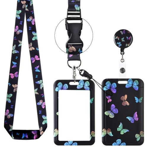 Polyester Lanyard Card Holder with ABS Plastic three pieces & retractable black Sold By Set