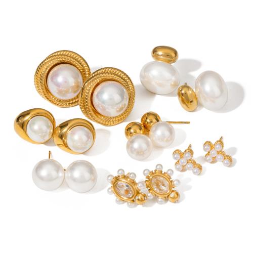 Stainless Steel Stud Earrings 304 Stainless Steel with Plastic Pearl fashion jewelry & for woman golden Sold By Pair