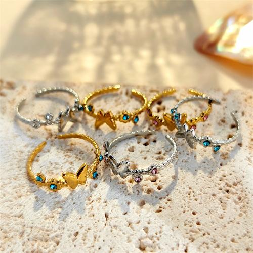 Rhinestone Stainless Steel Finger Ring 304 Stainless Steel Butterfly fashion jewelry & for woman & with rhinestone diameter 17mm Sold By PC