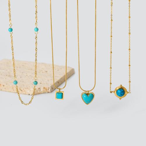 Collier de bijoux en acier inoxydable, Acier inoxydable 304, avec turquoise, Plaqué or 18K, bijoux de mode & styles différents pour le choix & pour femme, doré, Vendu par PC