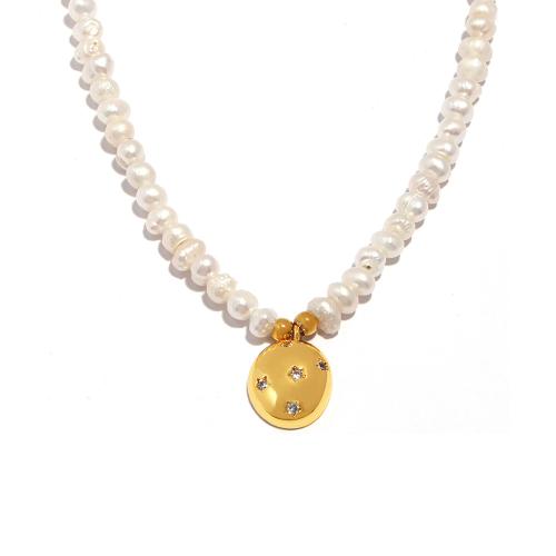 Freshwater Pearl Mässing Chain Necklace, med Mässing, med 7cm extender kedja, mode smycken & micro bana cubic zirconia & för kvinna, Längd Ca 37 cm, Säljs av PC