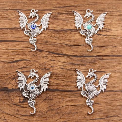 Sinc Alloy Pendants Ainmhithe, Dragon, dath airgid antique plátáilte, DIY, dathanna níos mó le haghaidh rogha, nicil, luaidhe & caidmiam saor in aisce, 37x48mm, Poll:Thart 2mm, Thart 100ríomhairí pearsanta/Mála, Díolta De réir Mála