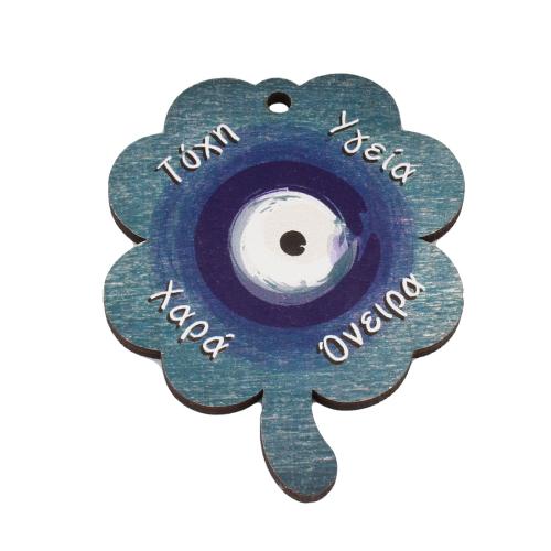 Evil Eye Pendants Wood Four Leaf Clover printing DIY & evil eye pattern blue Approx 3.5mm Sold By PC