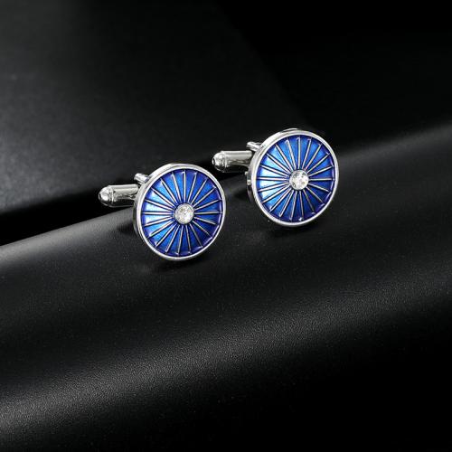 Cufflinks Zinc Alloy Round silver color plated for man & enamel blue nickel lead & cadmium free Sold By Pair