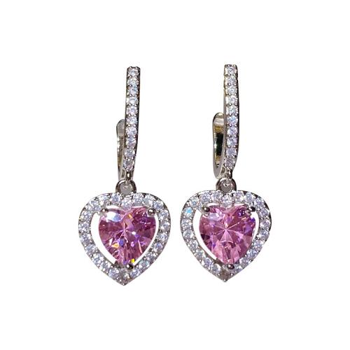 Zinc Alloy Drop Earrings Heart plated fashion jewelry & with rhinestone silver color nickel lead & cadmium free Sold By Pair