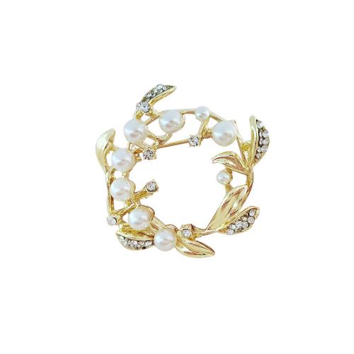 Zinc Alloy Brooches with Plastic Pearl plated fashion jewelry & with rhinestone golden nickel lead & cadmium free Sold By PC