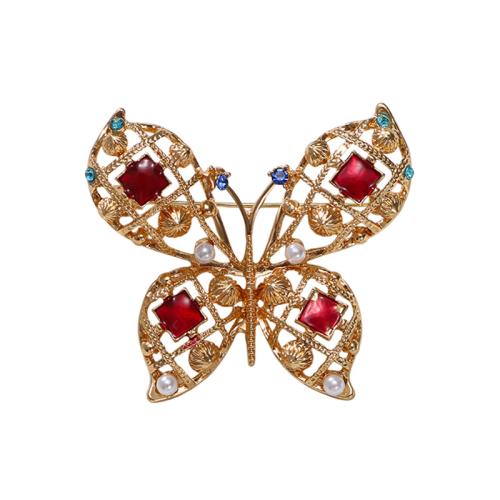 Zinc Alloy Brocher, med Plastic Pearl, Butterfly, forgyldt, for kvinde & med rhinestone, guld, Solgt af PC