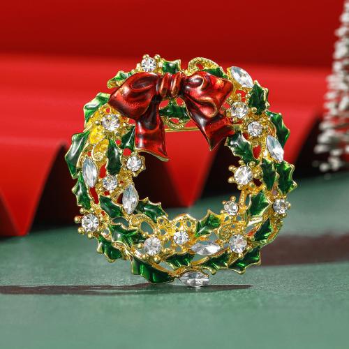 Jul brocher, Zinc Alloy, Jul Wreath, guldfarve belagt, Juledesign & emalje & med rhinestone, nikkel, bly & cadmium fri, Solgt af PC