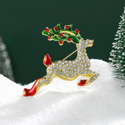 Jul brocher, Zinc Alloy, Deer, guldfarve belagt, for kvinde & emalje & med rhinestone, nikkel, bly & cadmium fri, Solgt af PC