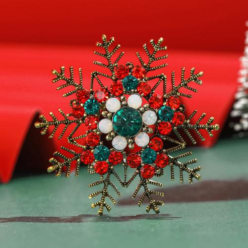 Broches de Noël, alliage de zinc, flocon de neige, Placage de couleur d'or, Conception de Noël & pour femme & avec strass, multicolore, protéger l'environnement, sans nickel, plomb et cadmium, Vendu par PC