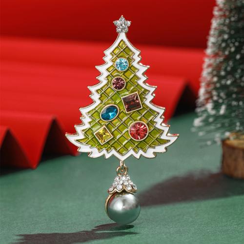 Christmas Brooches Zinc Alloy with Plastic Pearl Christmas Tree gold color plated for woman & enamel & with rhinestone nickel lead & cadmium free Sold By PC