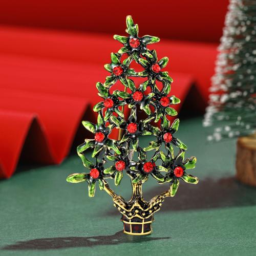 Christmas Brooches Zinc Alloy Christmas Tree gold color plated for woman & enamel & with rhinestone green nickel lead & cadmium free Sold By PC