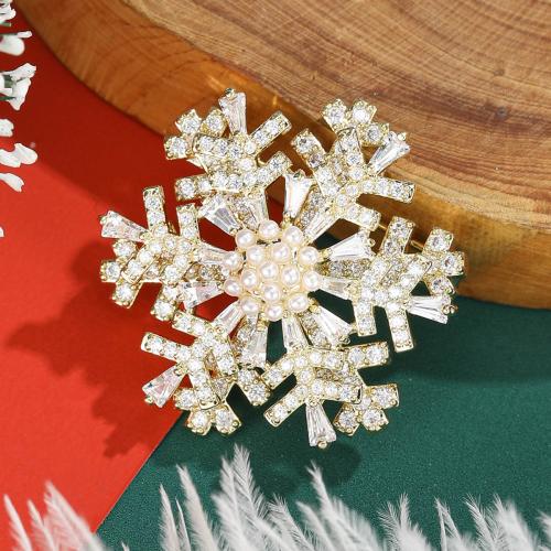 Brass Brooch with Plastic Pearl Snowflake gold color plated micro pave cubic zirconia & for woman nickel lead & cadmium free Sold By PC