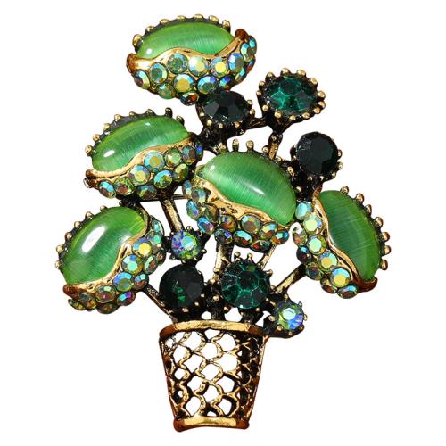 Zinc Alloy Brocher, med Cats Eye, Flower Basket, forgyldt, mode smykker & med rhinestone, flere farver til valg, nikkel, bly & cadmium fri, 45x63mm, Solgt af PC