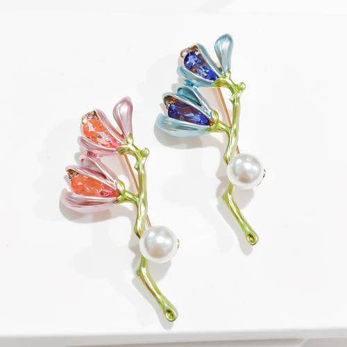 Zinc Alloy Brooches with Plastic Pearl Flower plated fashion jewelry & enamel nickel lead & cadmium free Sold By Pair