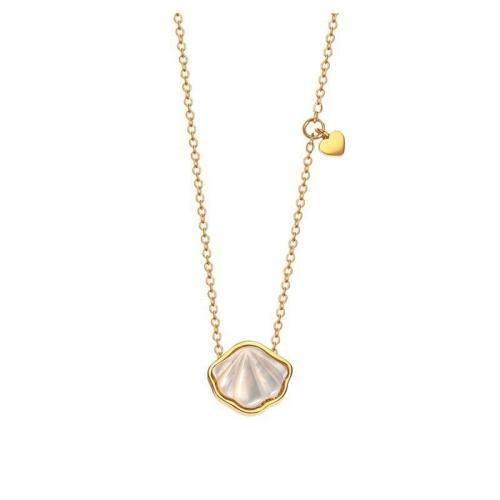 Collier d'acier titane, avec coquille blanche, avec 5cm chaînes de rallonge, Plaqué or 18K, bijoux de mode & pour femme, Longueur Environ 40 cm, Vendu par PC