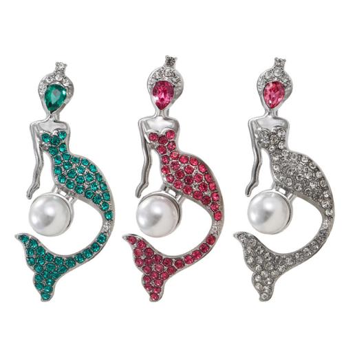 Zinc Alloy Brocher, med Plastic Pearl, Mermaid, forgyldt, for kvinde & med rhinestone, flere farver til valg, 68x28mm, Solgt af PC