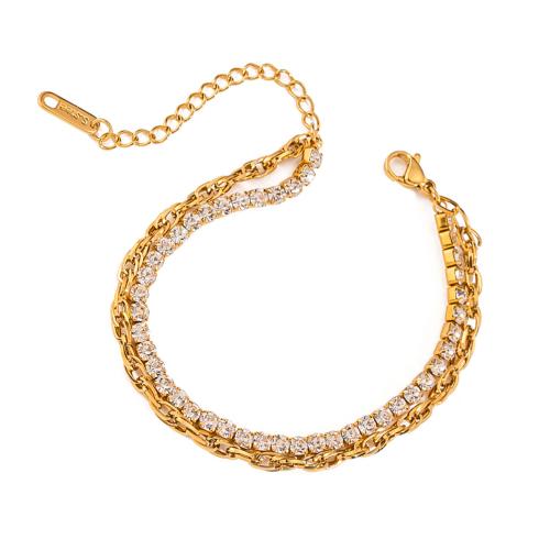 Pulseira  de jóias de aço inox, Aço inoxidável 304, with 5cm extender chain, Camada Dupla & para mulher & com strass, dourado, comprimento Aprox 16.5 cm, vendido por PC