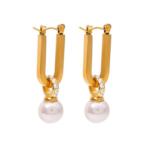 Rustfrit stål Lever Tilbage Earring, 304 rustfrit stål, med Plastic Pearl, 18K forgyldt, mode smykker & Micro Pave cubic zirconia & for kvinde, gylden, 38.60x10.70mm, Solgt af par