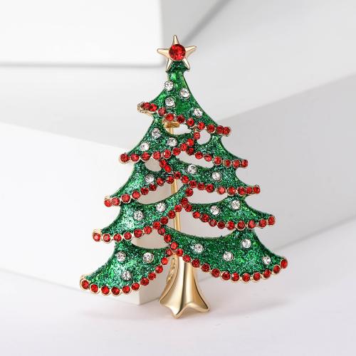 Spille di Natale, lega in zinco, Albero di Natale, placcato color oro, Design natalizio & per la donna & con strass, verde, assenza di nichel,piombo&cadmio, 32x50mm, Venduto da PC