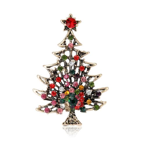 Broches de Noël, alliage de zinc, arbre de noël, Placage de couleur d'or, Conception de Noël & pour femme & avec strass, multicolore, protéger l'environnement, sans nickel, plomb et cadmium, 50x74mm, Vendu par PC