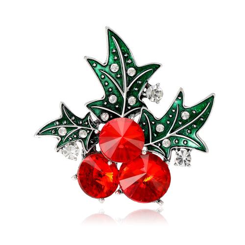 Broches de Navidad, aleación de zinc, Fruta, chapado en color de plata, Diseño de Navidad & para mujer & esmalte & con diamantes de imitación, Rojo, libre de níquel, plomo & cadmio, 47x48mm, Vendido por UD