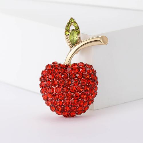 Broches de Noël, alliage de zinc, pomme, Placage de couleur d'or, pour femme & avec strass, rouge, protéger l'environnement, sans nickel, plomb et cadmium, 27x38mm, Vendu par PC