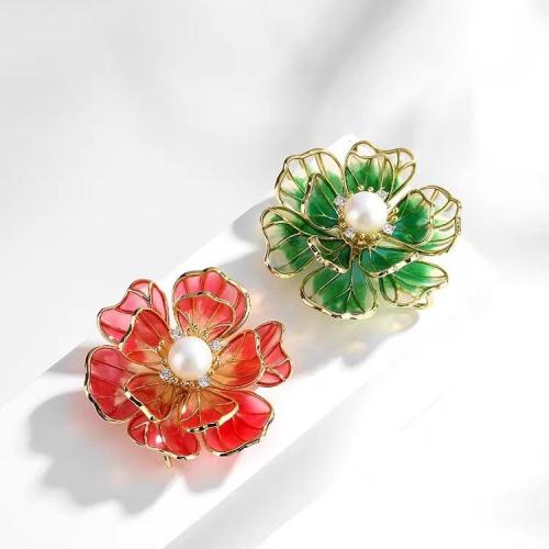 Zinc Alloy Brooches with Plastic Pearl Flower plated fashion jewelry & enamel & with rhinestone nickel lead & cadmium free Sold By PC