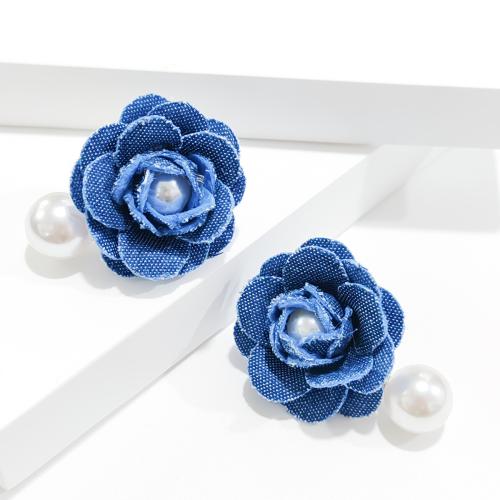 Lo zinco in lega Stud Earring, Denim, with perla in plastica & lega in zinco, Fiore, gioielli di moda, blu, 35x47mm, Venduto da coppia