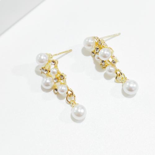 Pendientes de Perno de Aleación de Zinc, con Perlas plásticas, chapado en color dorado, Joyería & con diamantes de imitación, dorado, libre de níquel, plomo & cadmio, 10x31mm, Vendido por Par