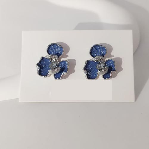 Zinc Alloy Stud Earring Flower plated fashion jewelry & enamel & with rhinestone blue nickel lead & cadmium free Sold By Pair