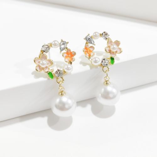 Zinc Alloy Drop Earrings with Plastic Pearl gold color plated fashion jewelry & enamel & with rhinestone golden nickel lead & cadmium free Sold By Pair