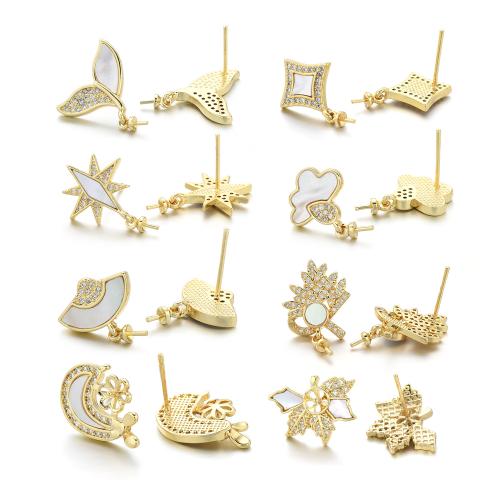 Brass Earring Stud Component with Shell plated DIY & micro pave cubic zirconia gold Sold By Pair