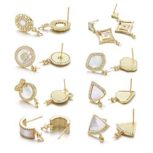 Brass Earring Stud Component with Shell plated DIY & micro pave cubic zirconia gold Sold By Pair