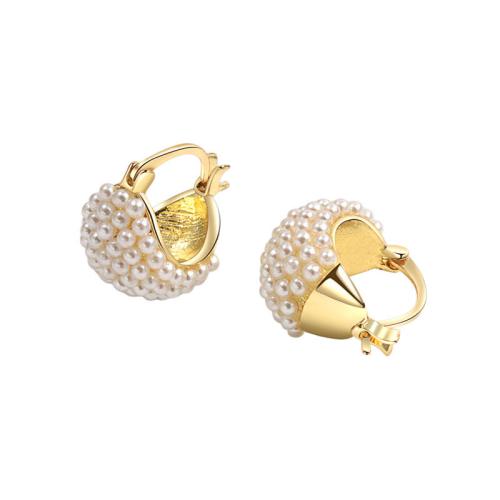 Messing Spring hoop oorbellen, met Plastic Pearl, plated, voor vrouw, gouden, 14.80x11mm, Verkocht door pair