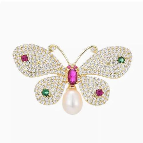 Zinc Alloy Brocher, med Plastic Pearl, forgyldt, for kvinde & med rhinestone, gylden, 21.30x36.30mm, Solgt af PC