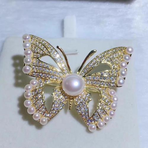 Zinc Alloy Brocher, med Plastic Pearl, forgyldt, for kvinde & med rhinestone, flere farver til valg, 46x38mm, Solgt af PC