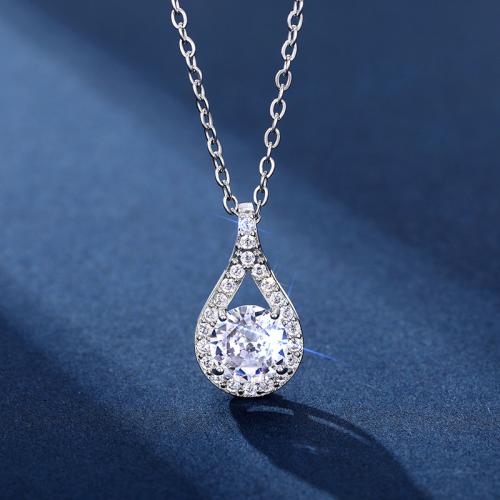 Brass Necklace Teardrop platinum plated oval chain & micro pave cubic zirconia & for woman & hollow Length Approx 15.7 Inch Sold By PC