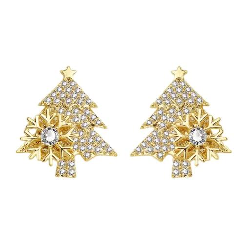 laiton boucle d oreille dormeuse, arbre de noël, Placage, Bijoux de Noël & pavé de micro zircon & pour femme, plus de couleurs à choisir, 15x17mm, Vendu par paire