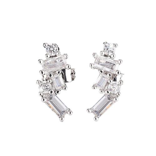 Messing Stud Earring, Geometrisk mønster, platineret, Micro Pave cubic zirconia & for kvinde, 13x6mm, Solgt af par